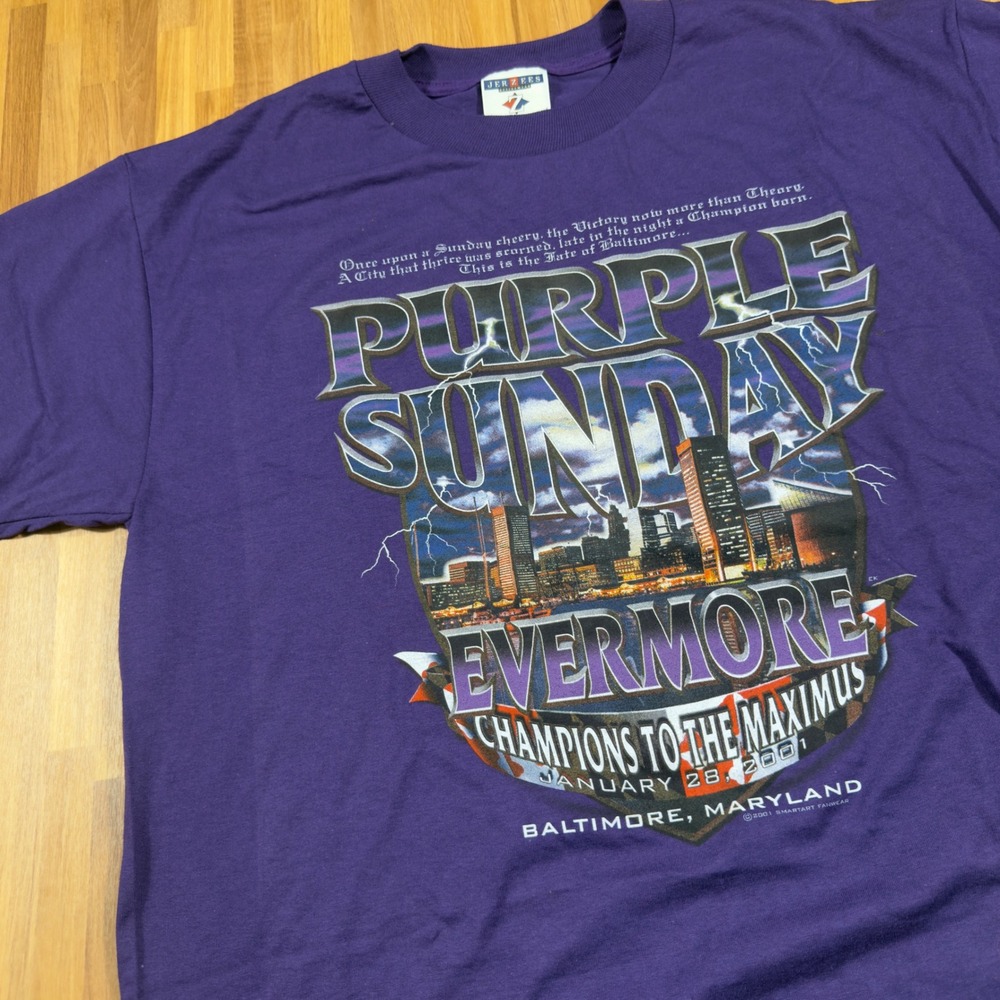 Vintage Jerzees Baltimore Ravens Purple Sunday 2001 Champions T-Shirt Mens L